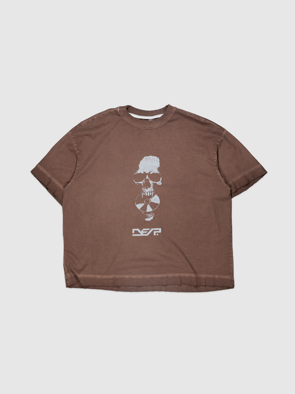 DES.P SEKURIT Tee — Brown stone-washed oversized boxy graphic t-shirt with skull print | Camiseta marrom estonada com estampa de caveira — Des Prezo Studio