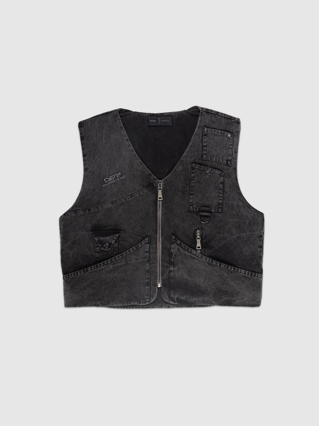 DES.P SEKURIT Stoned Vest — Black/Gray washed tactical vest with multiple utility pockets | Colete tático com lavagem desgastada e múltiplos bolsos utilitários — Des Prezo Studio