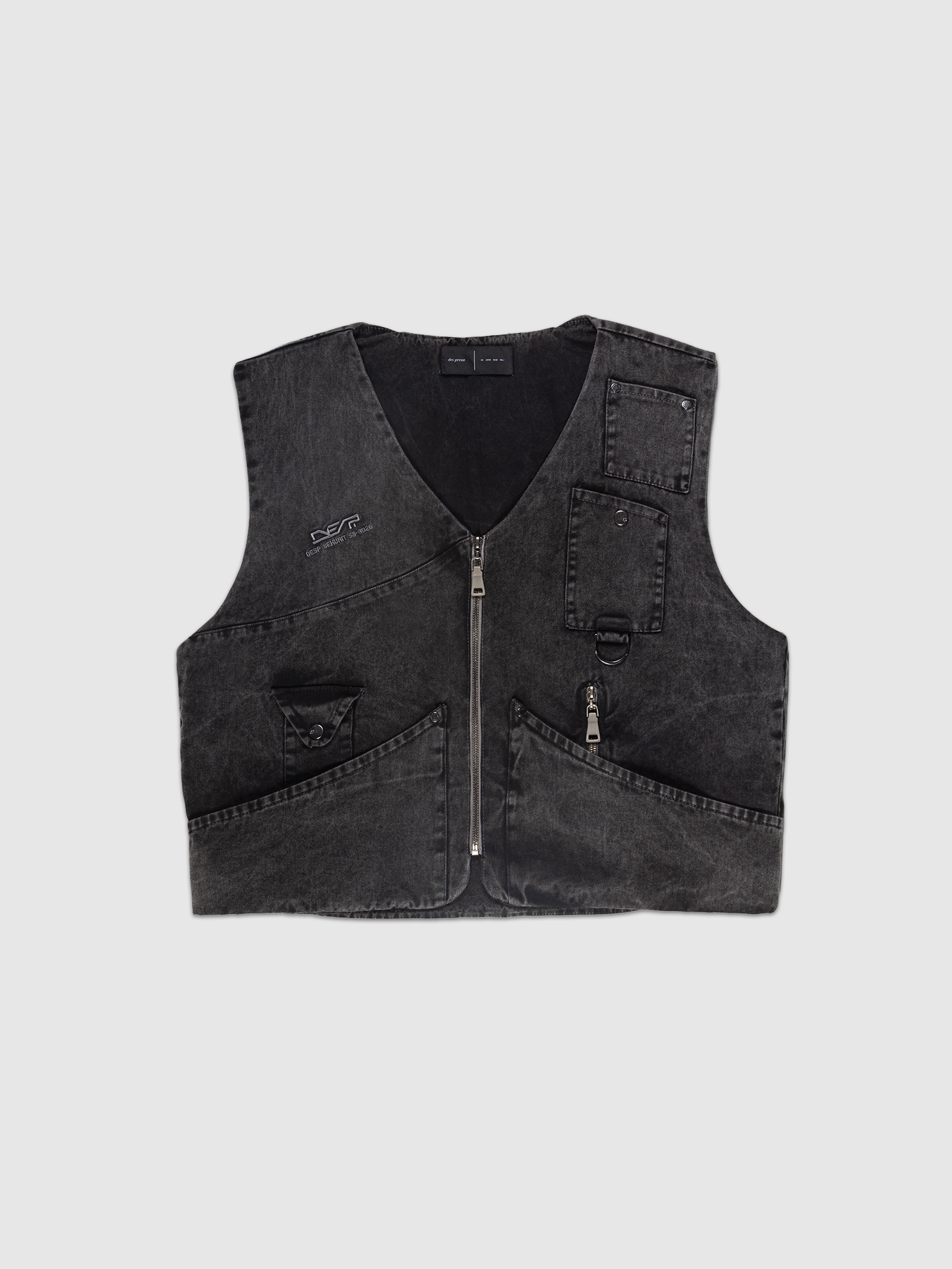 DES.P SEKURIT Stoned Vest — Black/Gray washed tactical vest with multiple utility pockets | Colete tático com lavagem desgastada e múltiplos bolsos utilitários — Des Prezo Studio