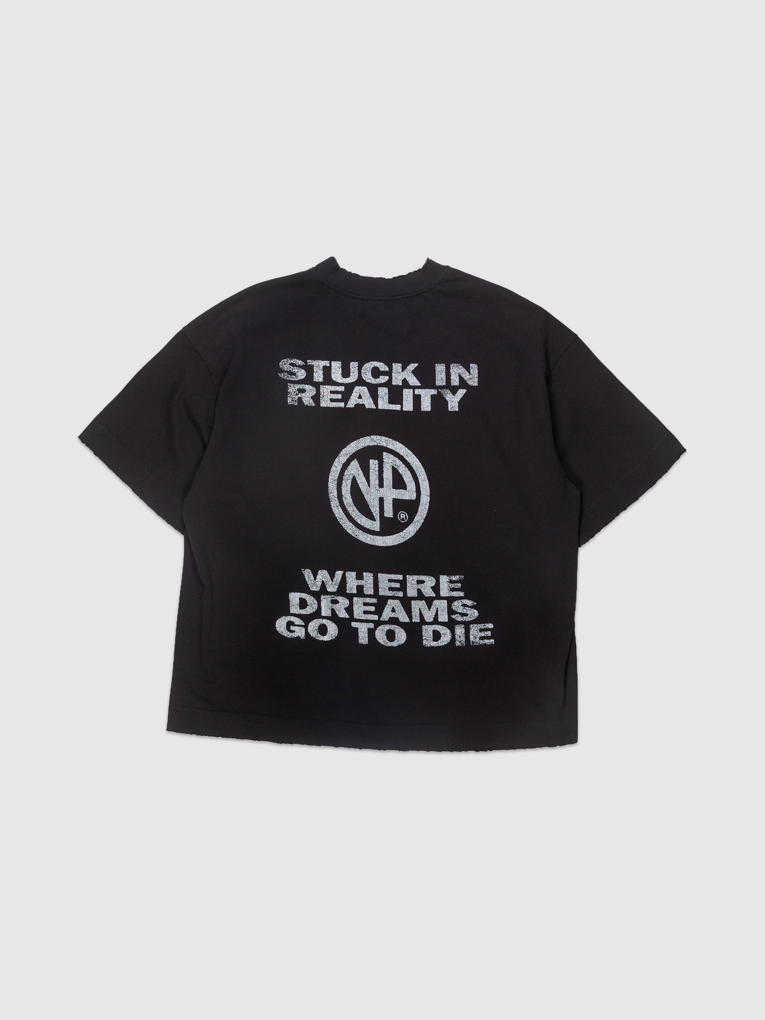 Where Dreams Go To Die Tee — Black stoned oversized boxy t-shirt graphic print | Camiseta preta estonada estampada — Des Prezo Studio