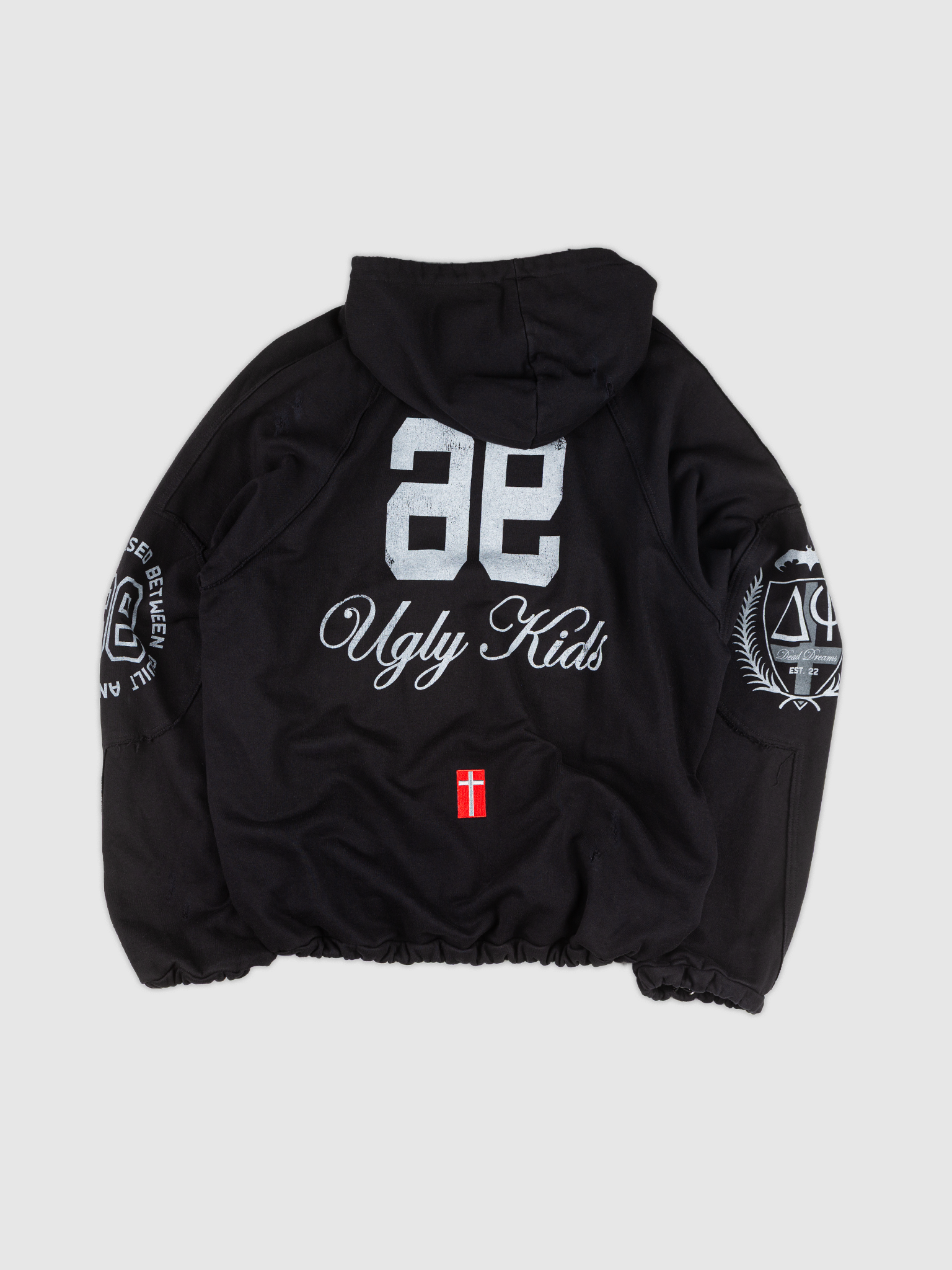Ugly Academy Hoodie — Black hoodie with front graphic and sleeve prints | Moletom preto com gráfico frontal e estampas nas mangas — Des Prezo Studio