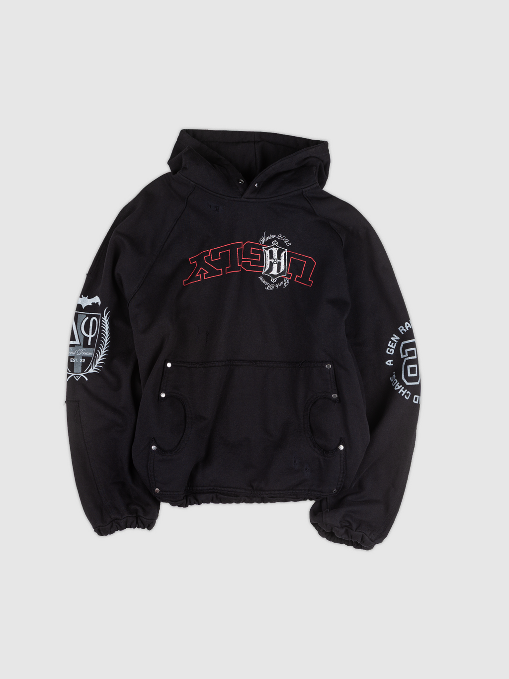 Ugly Academy Hoodie — Black hoodie with front graphic and sleeve prints | Moletom preto com gráfico frontal e estampas nas mangas — Des Prezo Studio
