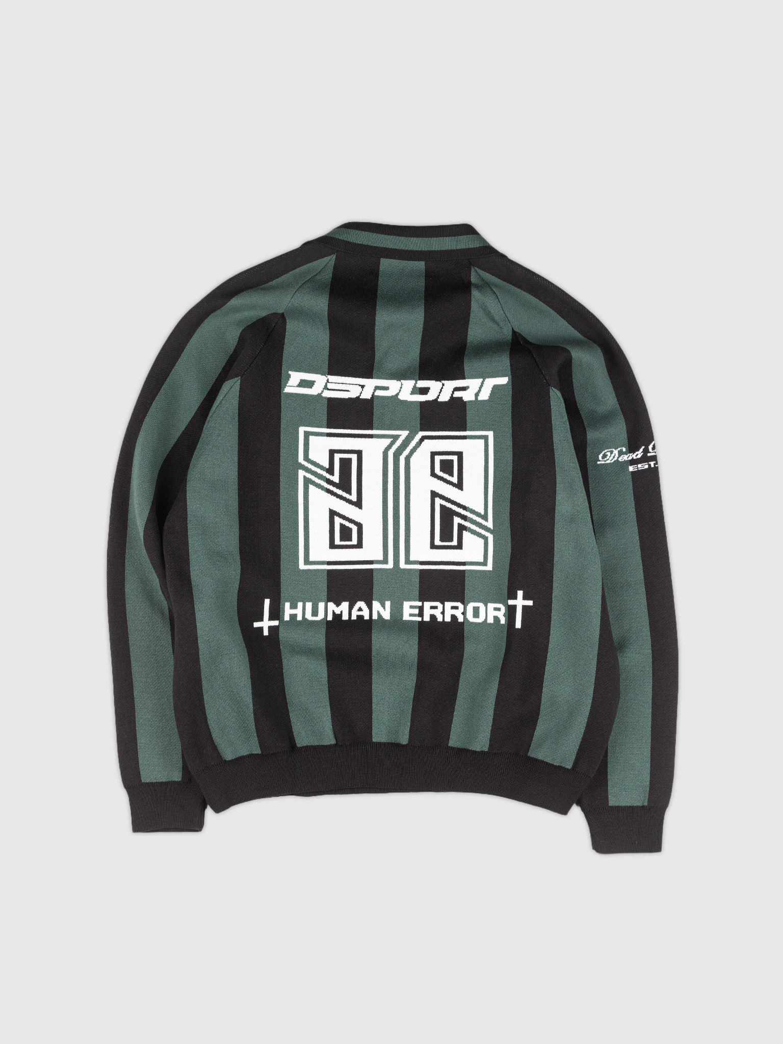 Undrgrnd Addcts Knit — Green and black striped jacquard jersey with front graphics | Suéter jacquard de malha listrado verde e preto com gráficos frontais — Des Prezo Studio