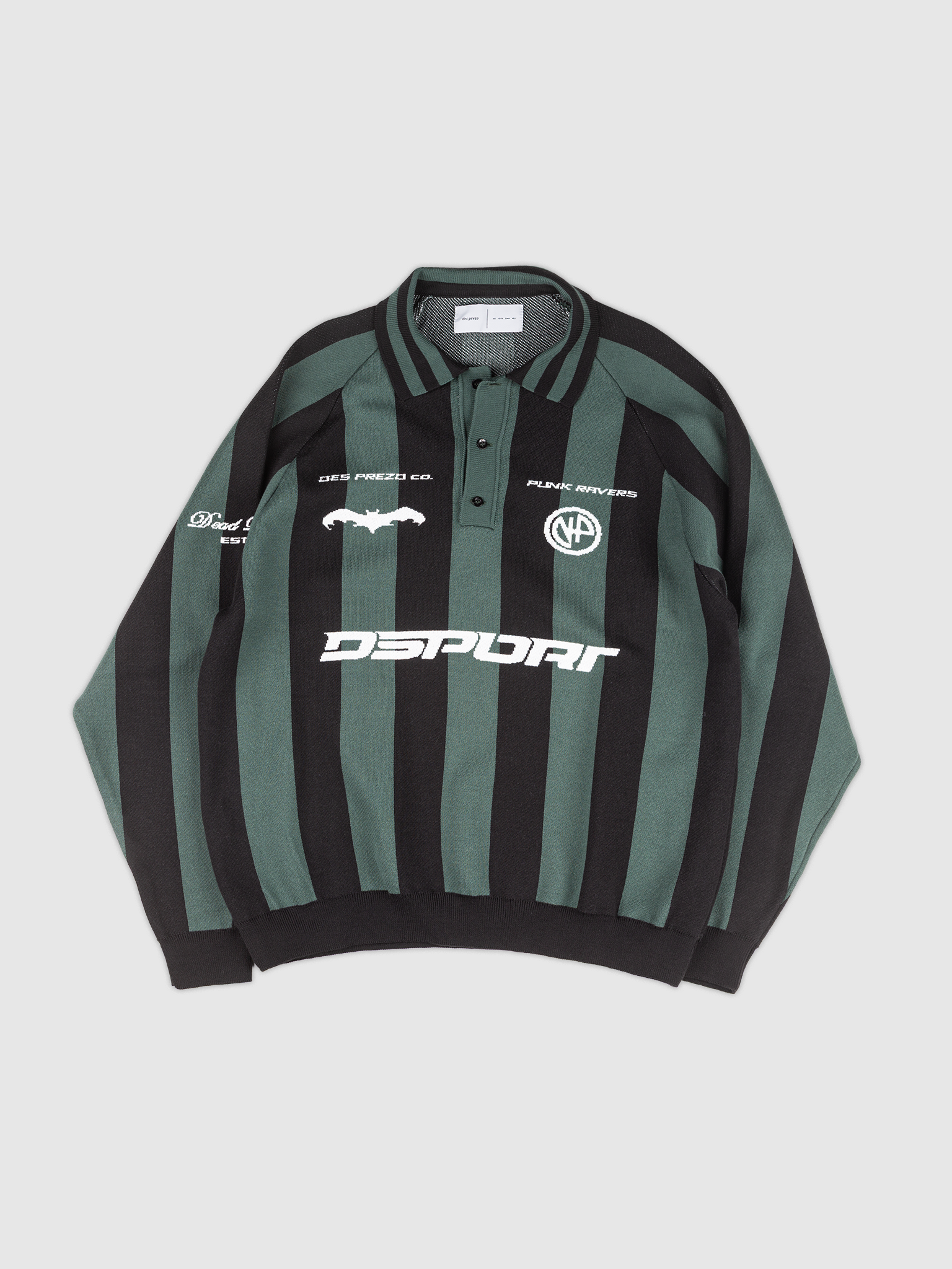 Undrgrnd Addcts Knit — Green and black striped jacquard jersey with front graphics | Suéter jacquard de malha listrado verde e preto com gráficos frontais — Des Prezo Studio