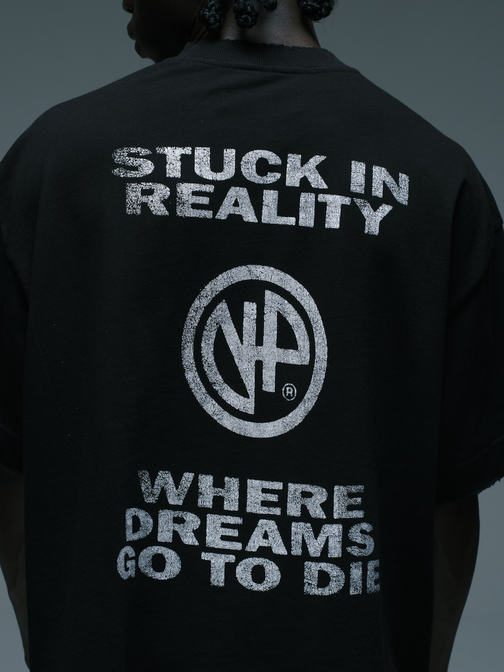 Where Dreams Go To Die Tee — Black stoned oversized boxy t-shirt graphic print | Camiseta preta estonada estampada — Des Prezo Studio