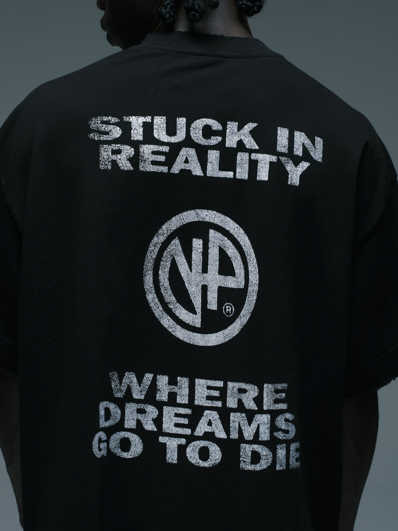 Where Dreams Go To Die Tee — Black stoned oversized boxy t-shirt graphic print | Camiseta preta estonada estampada — Des Prezo Studio